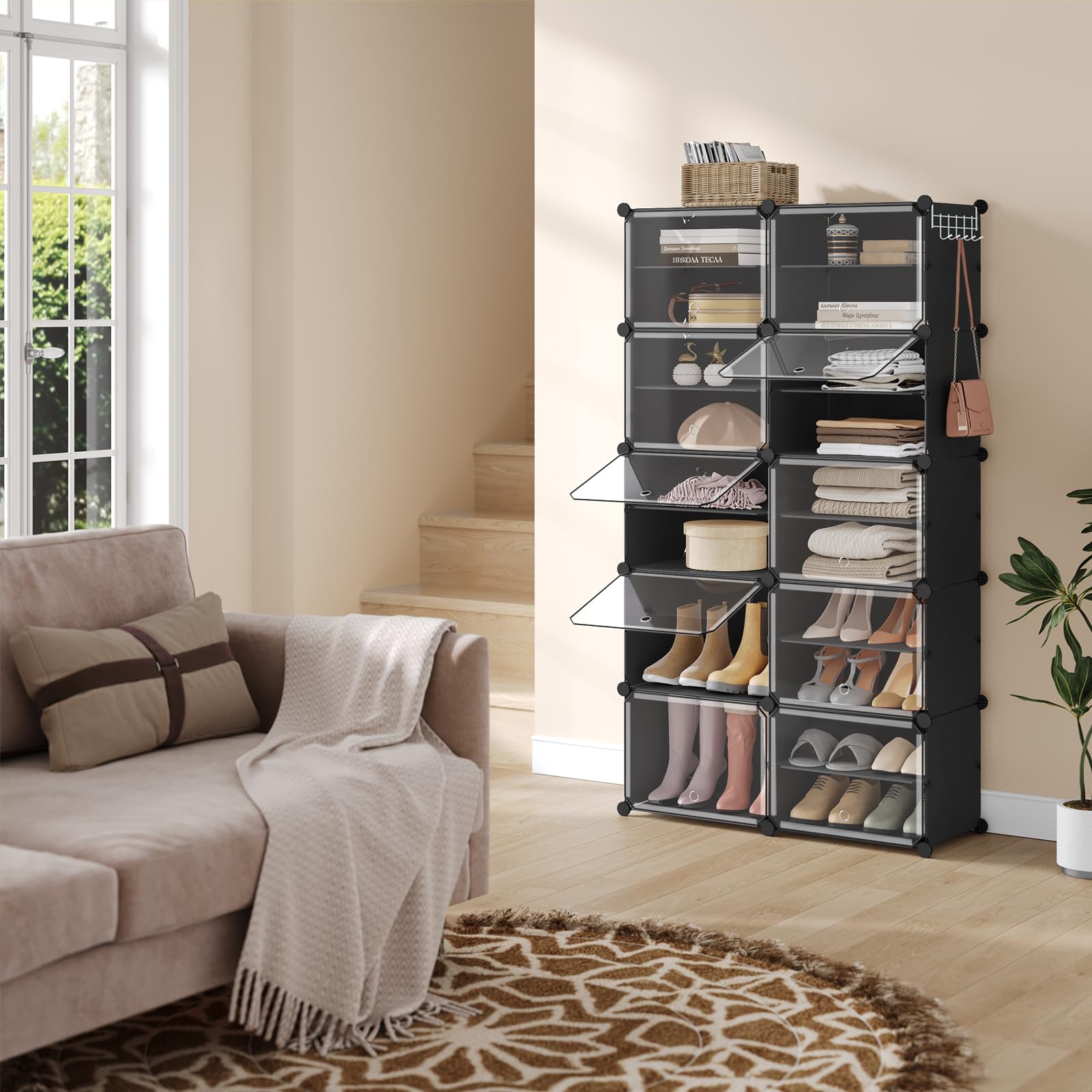 WOLTU Schuhregal, Schuhschrank mit 10 Fächern, Platzsparend, Mit Haken, Schuhablage Kunststoff, für Flur Schlafzimmer Eingang, Schuhaufbewahrung für 40 Paar Schuhe,Bis Größe 44, Schwarz