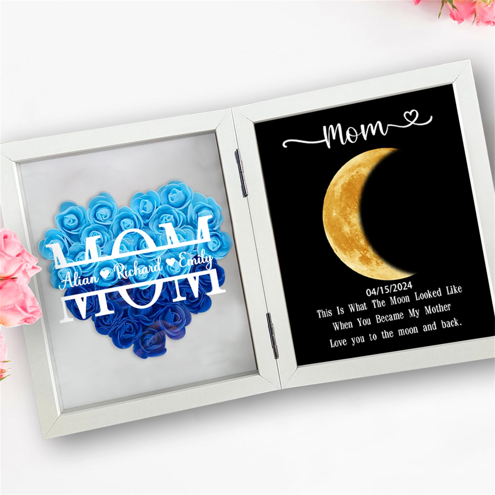 Marco de fotos personalizado de fase lunar con nombre, cumpleaños, día de la madre, rosa, flores, sombra, marco de arte de fase lunar, decoración de pared de fase lunar real para mamá,