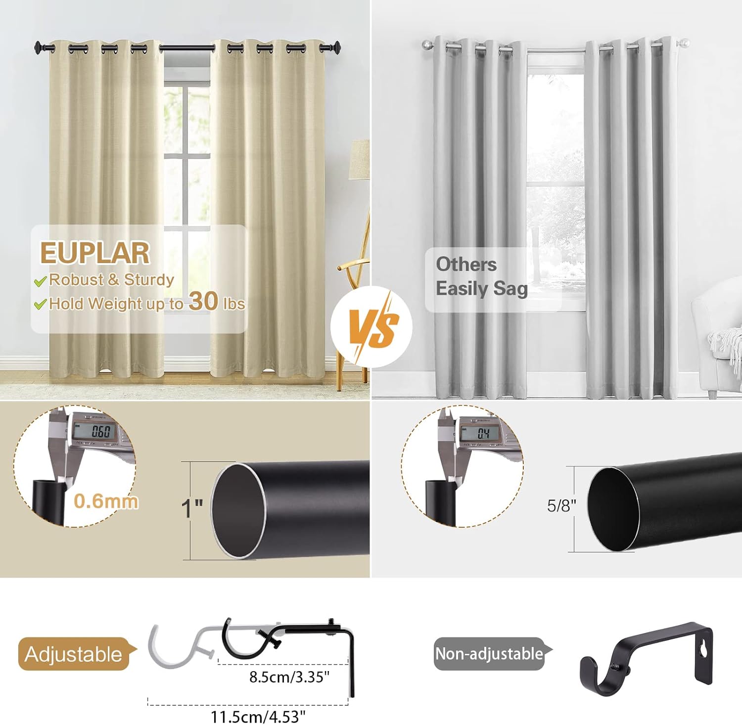 Black Curtain Rod-EUPLAR 1 Inch Long Curtain Rod with Decorative Square Finials, 72-144 Inch Adjustable Window Curtain Rods for Living Room,Kitchen