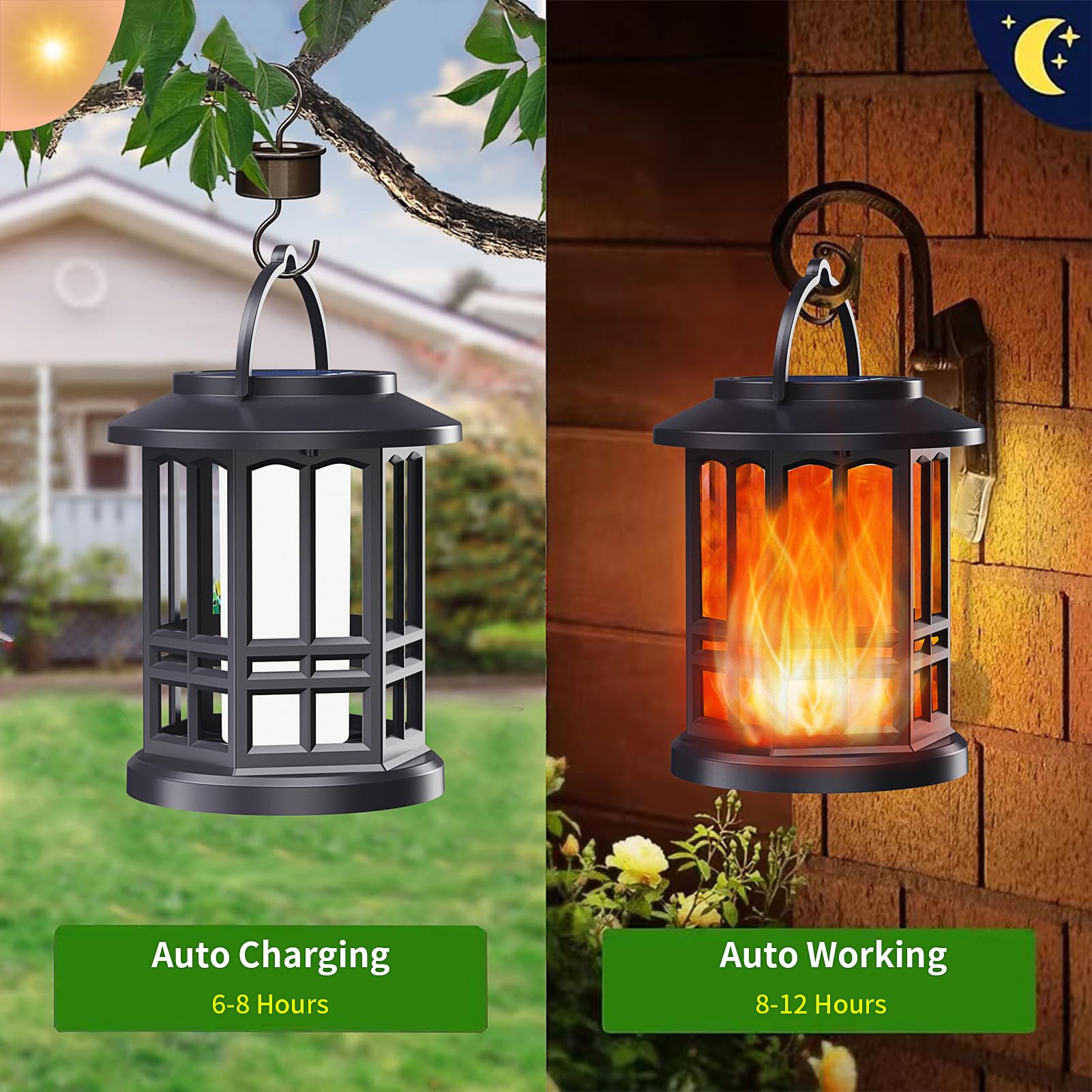 Paquete de 2 faroles solares para exteriores, linternas solares para exteriores, impermeables, llama parpadeante mejorada, luces solares colgantes, linternas solares para decoración de patio y