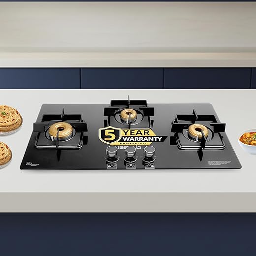 iBELL Flame 3-Burner Gas Hob with Auto Ignition – ISI Certified, Toughened Glass Top, Large Size, Brass Burners (77 x 43 x 8 cm) (Black)