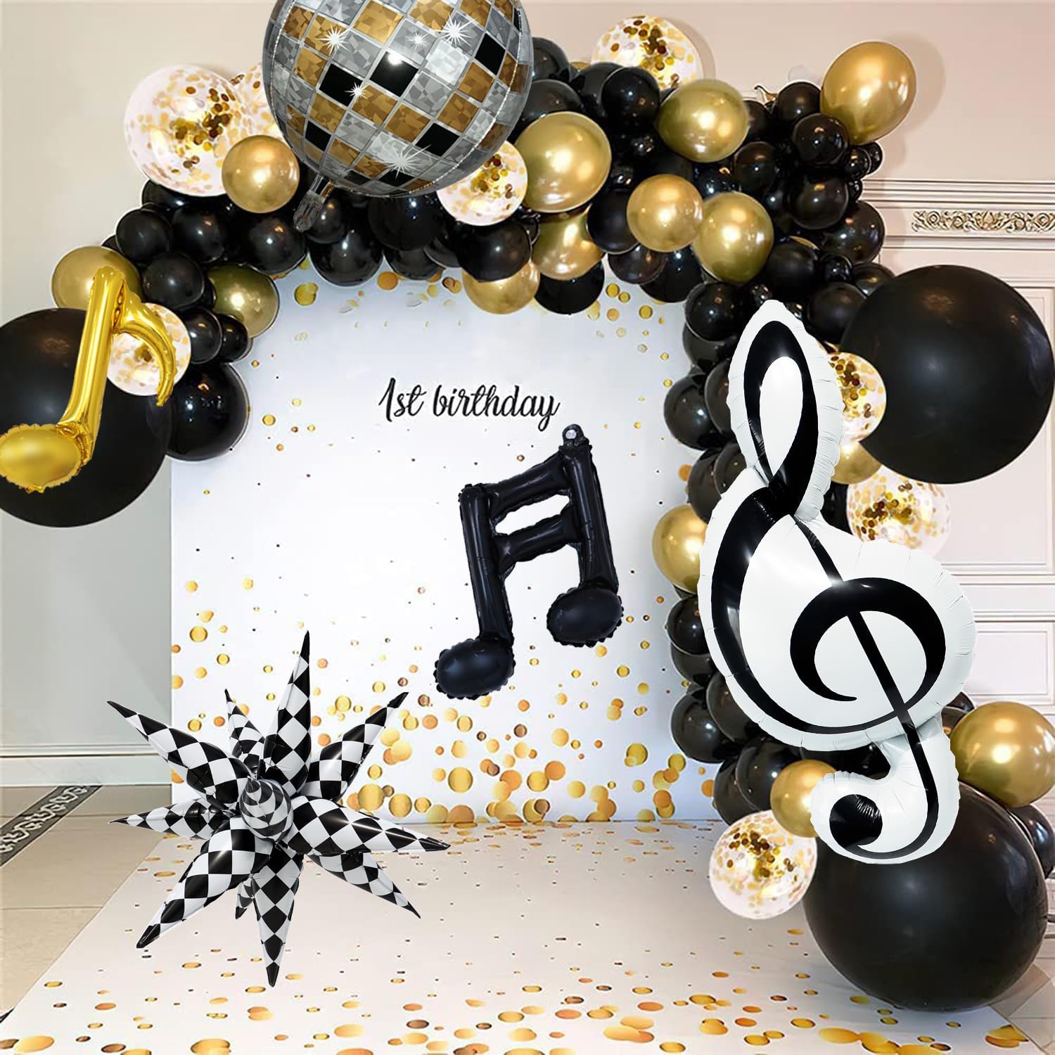 29 Pcs Black White Gold Music Balloons Music Note Disco Ball Checkered Star Balloons for Musical Theme Birthday Wedding Party Rock Concert Decorations