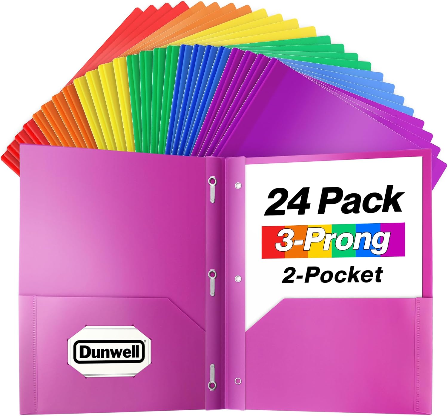Dunwell Plastic 2-Pocket Folders with 3 Prongs, Assorted, 24 Pack