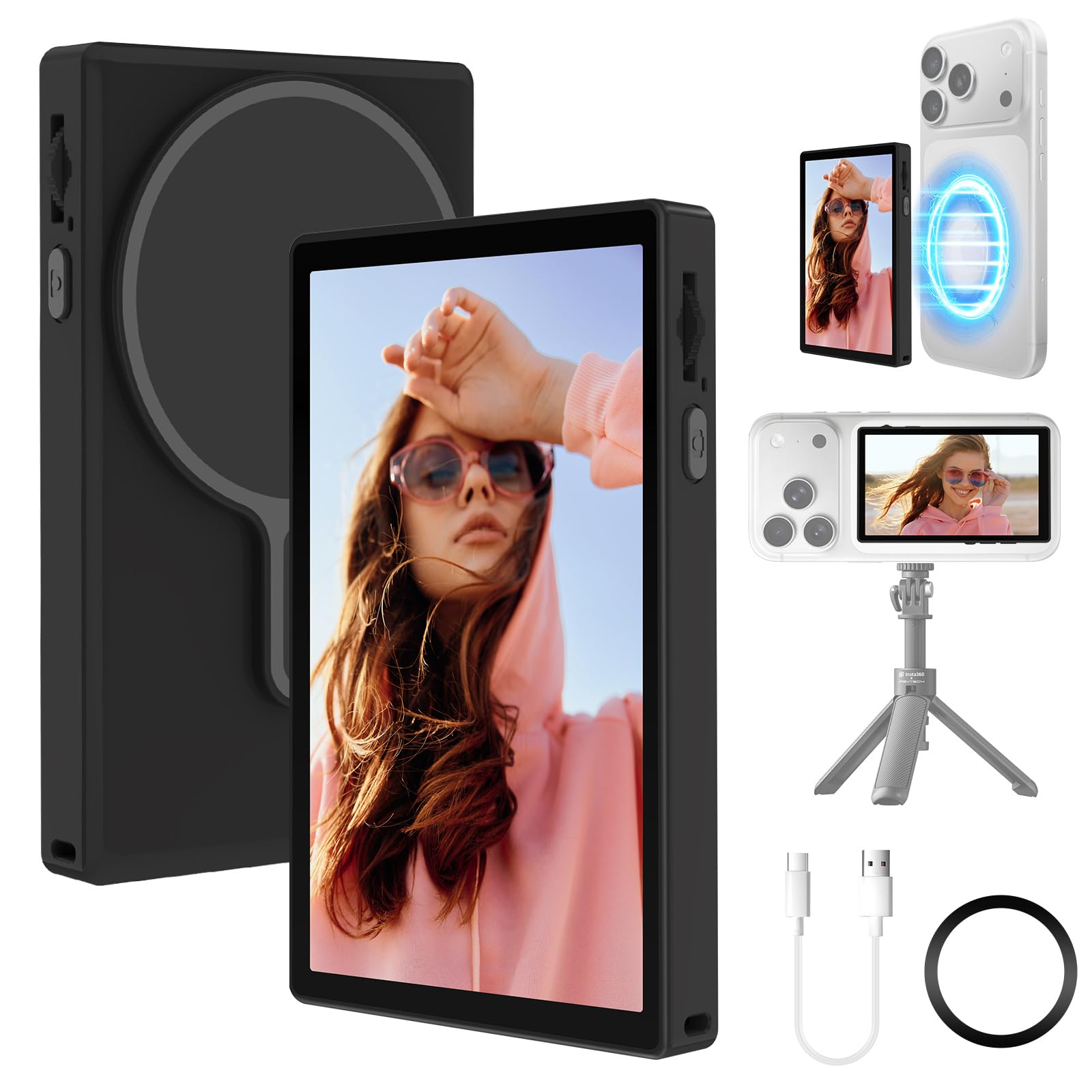Schermo per selfie per iPhone e Android, con touchscreen, monitor magnetico per selfie Vlog, altoparlante integrato, mirroring in tempo reale, per selfie iPhone, YouTube, Vlog, Live Streaming