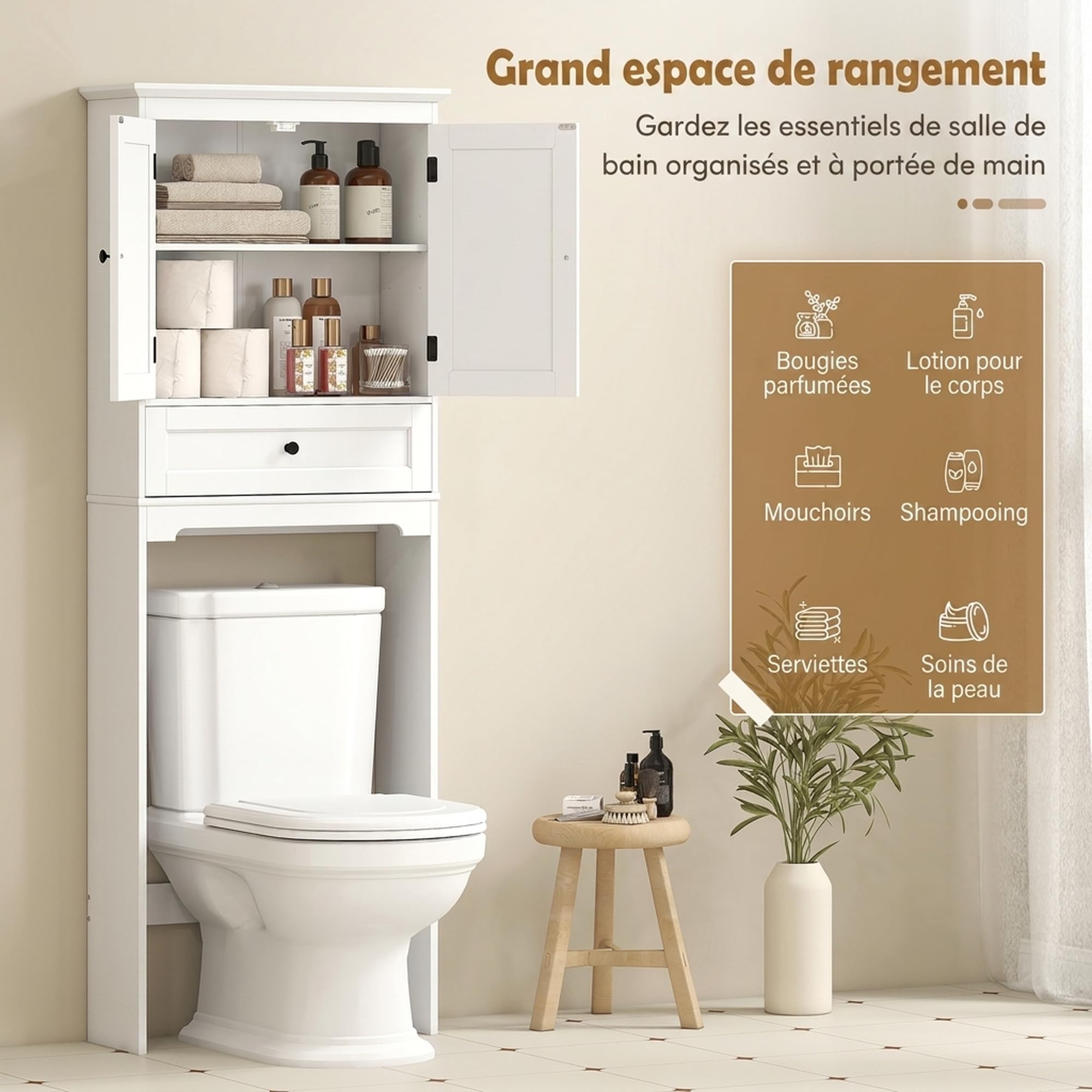 HOMCOM Meuble WC Rangement Dessus de Toilette Tiroir 62 x 23 x 168 cm Blanc
