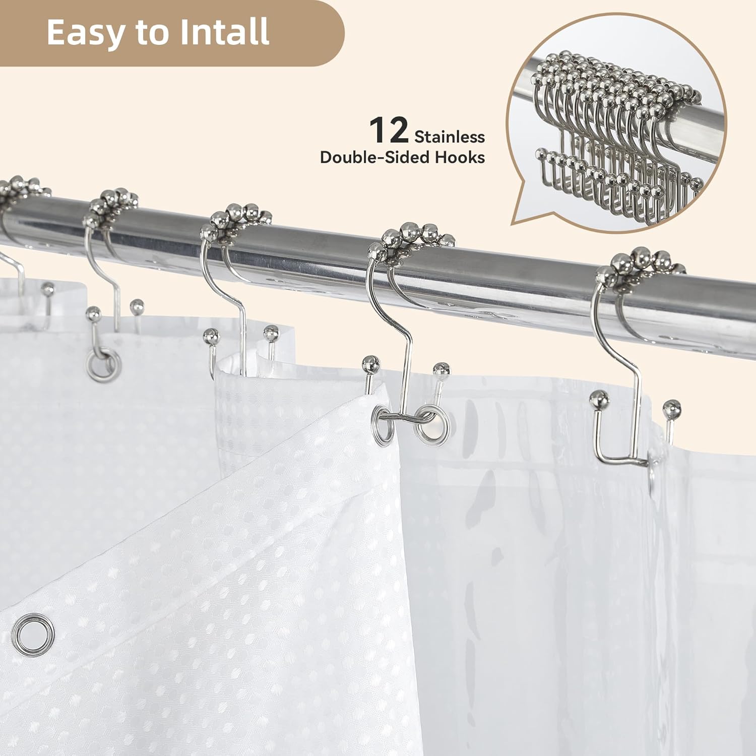 3 in 1 Shower Curtain Set, Waffle Shower Curtain and Liner Set with 12 Double Sided Shower Curtain Hooks, 72 x 84 Fabric Shower Curtains for Bathroom, White