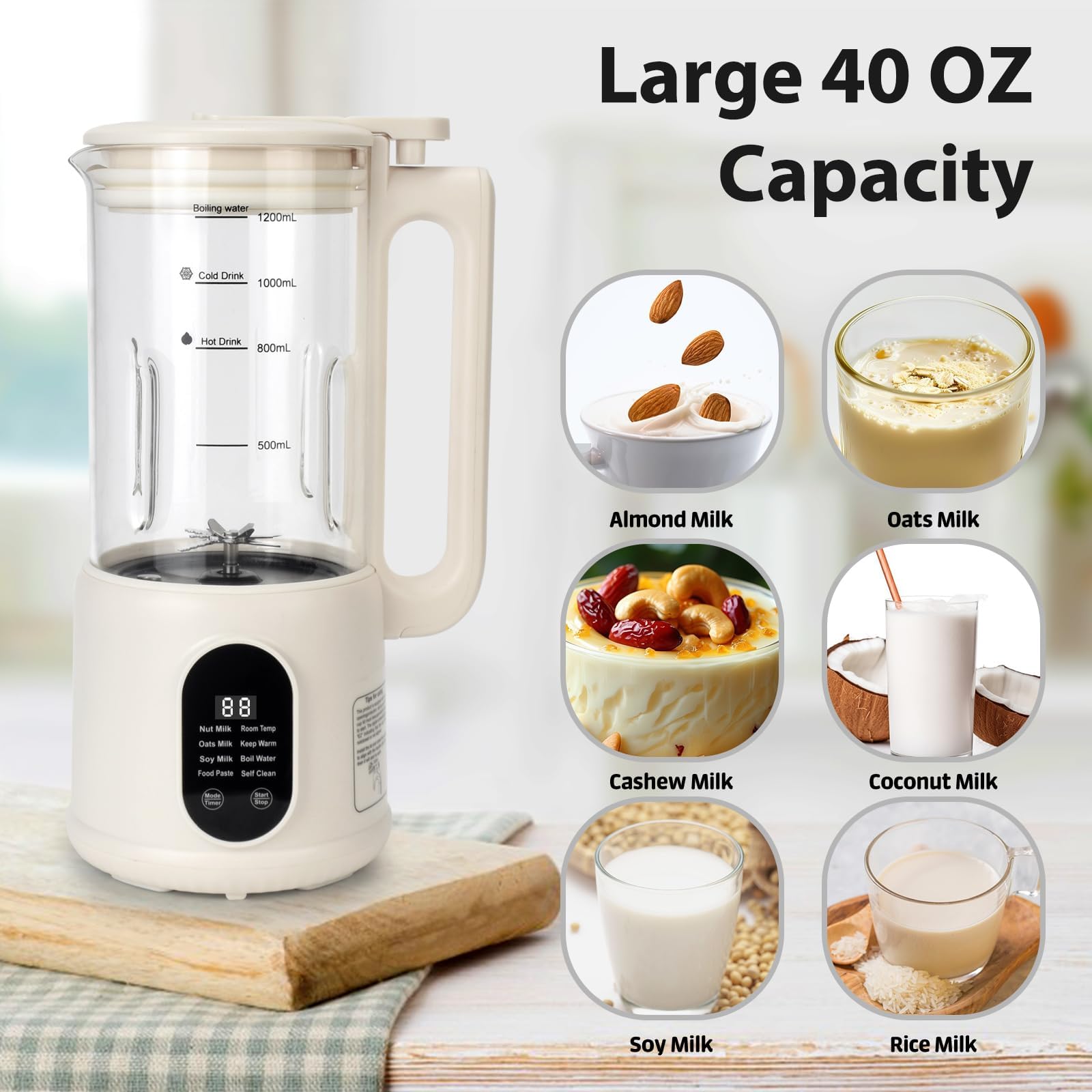 Automatischer Nussmilchbereiter, 8-in-1-Sojabohnen-Milchmaschine für hausgemachte Mandel, Hafer, Soja, Kokosnuss, pflanzliche Milch und milchfreie Getränke, 12 Stunden Timer/Auto-Clean/Raumtemperatur