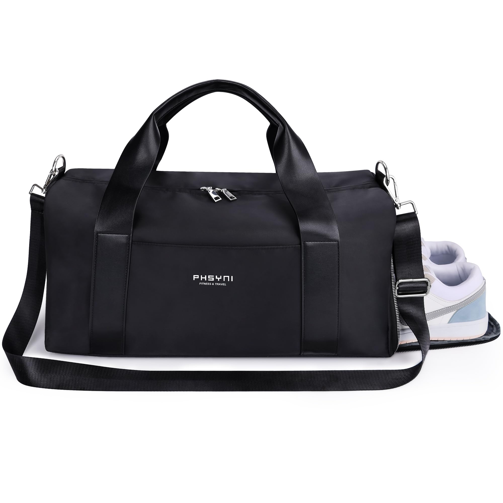 Gym Bag for Women,Pu Leather Handle,Dry Wet Separated with Shoe Compartment & Wet Pocket,Waterproof Duffle Bag for Travel Sports Fitness Workout Athletic (Black,19"-Medium)
