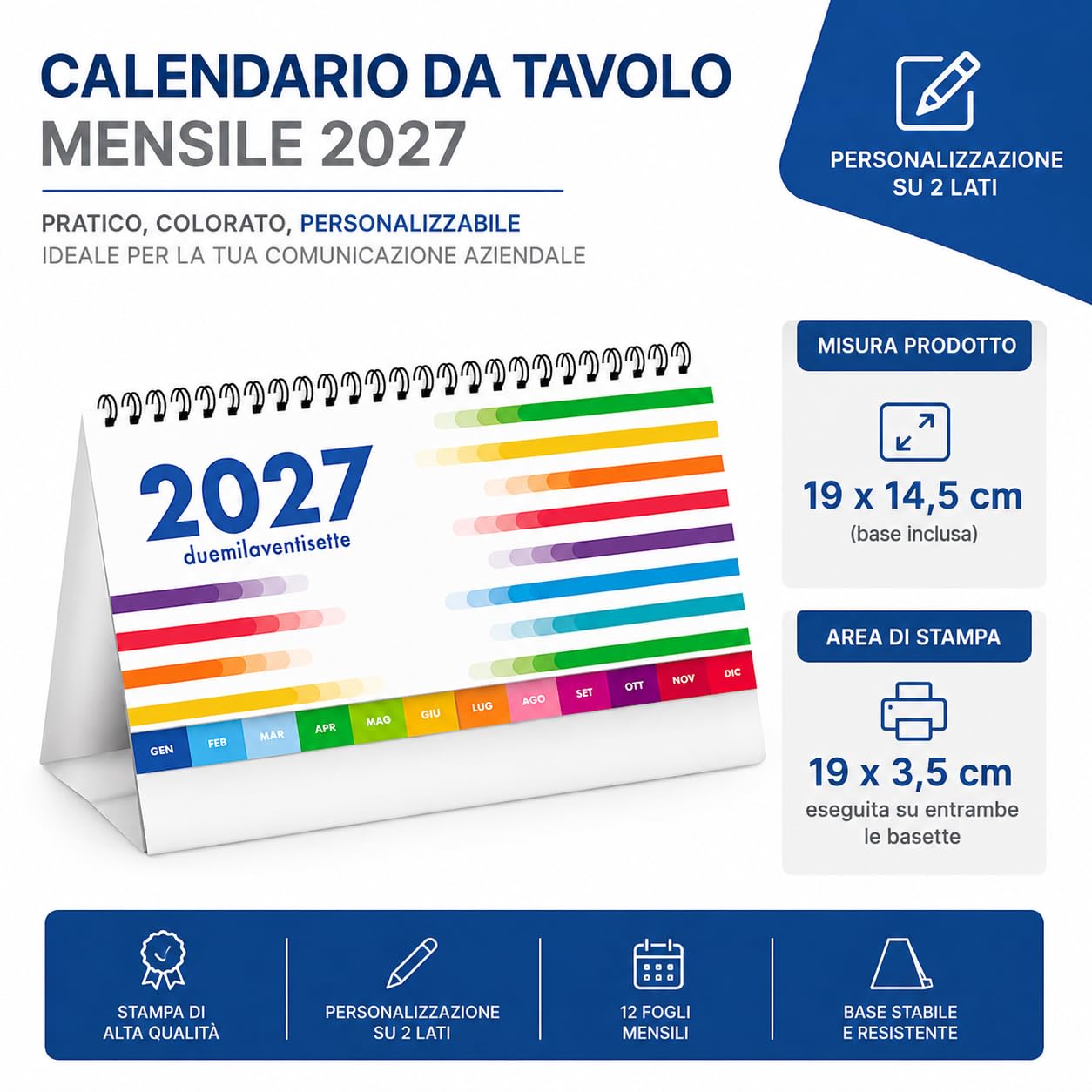 Calendari Personalizzati 2027 da Tavolo Classici Stock da 100 Pezzi Spiralati Illustrati per Gadget Pubblicitari di Fine Anno e come Omaggio per i Clienti o Regali Aziendali PA744
