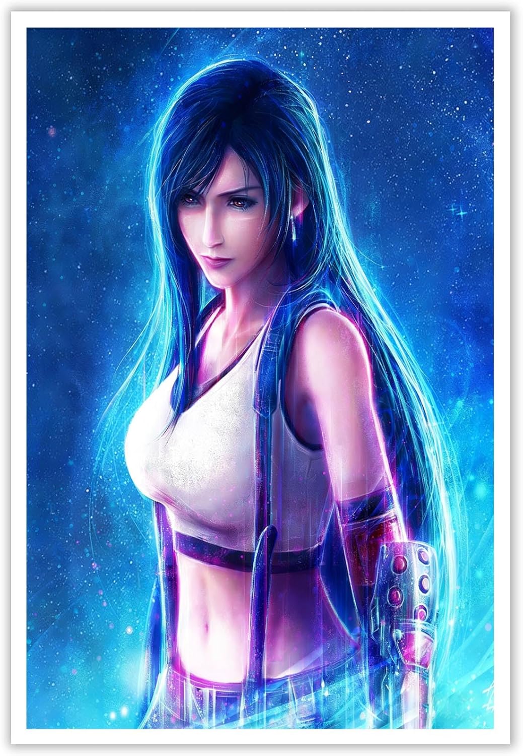 Final of Fantasy VII Tifa Poster Fine Art Print (Combat Gauntlet & Neon Blue Light Effect) Wall Art for Final of Fantasy Fans(16x24inchs，Unframed)