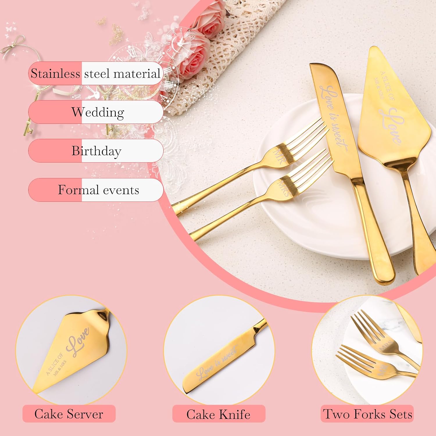 Wedding Cake Knife and Server Set with Forks for Bride and Groom, 4 Pieces Mr and Mrs Wedding Cake Cutting Set For Bridal Shower Gifts Couple Engagement Birthday Anniversary, Gold