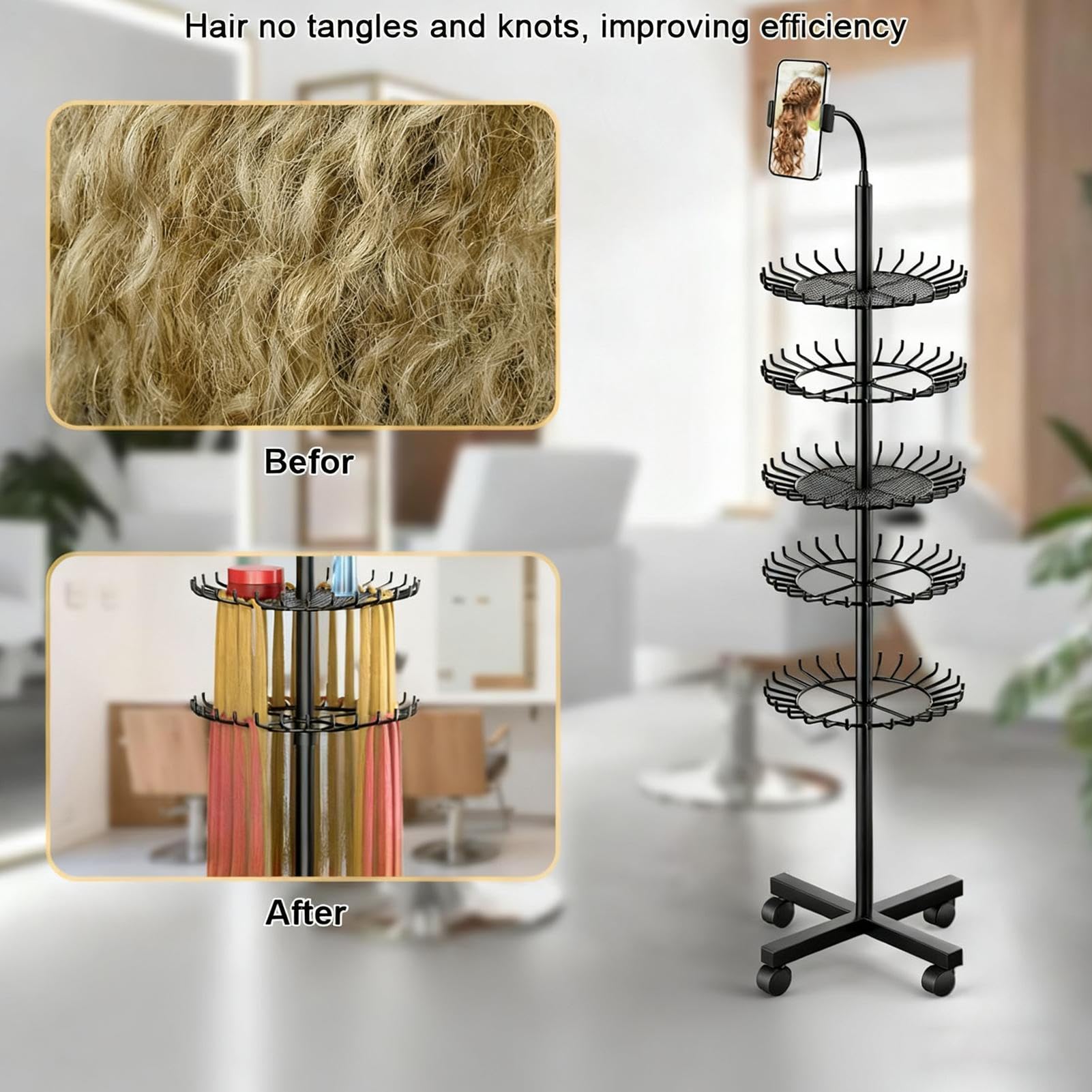 Soporte para Organizador de Altura Ajustable | Soporte para Extensiones de Cabello Para Salón, Servicio , Extensiones, Estilismo Móvil y Entrenamiento de