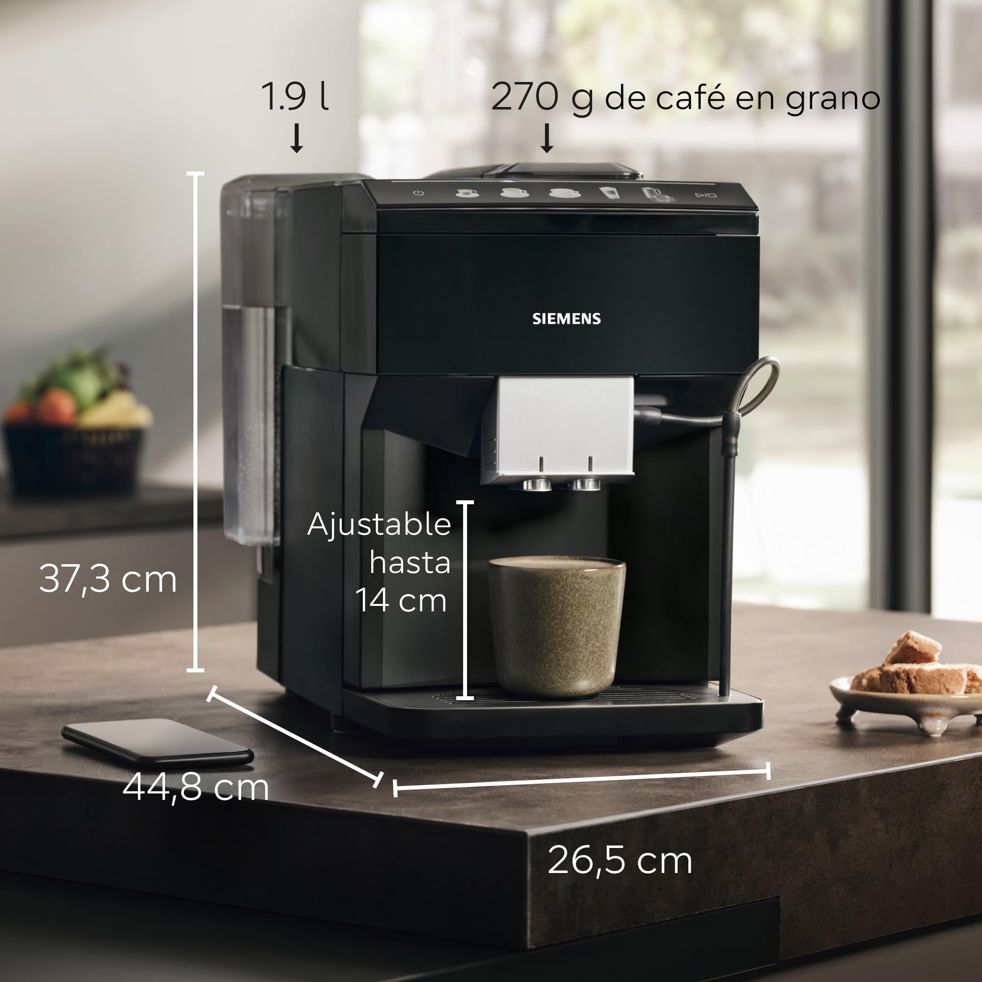SIEMENS, Cafetera superautomática, EQ500, ceramDrive, Negro, TP511E19 | Podrás preparar dos tazas a la vez con su molinillo cerámico para un aroma más puro.