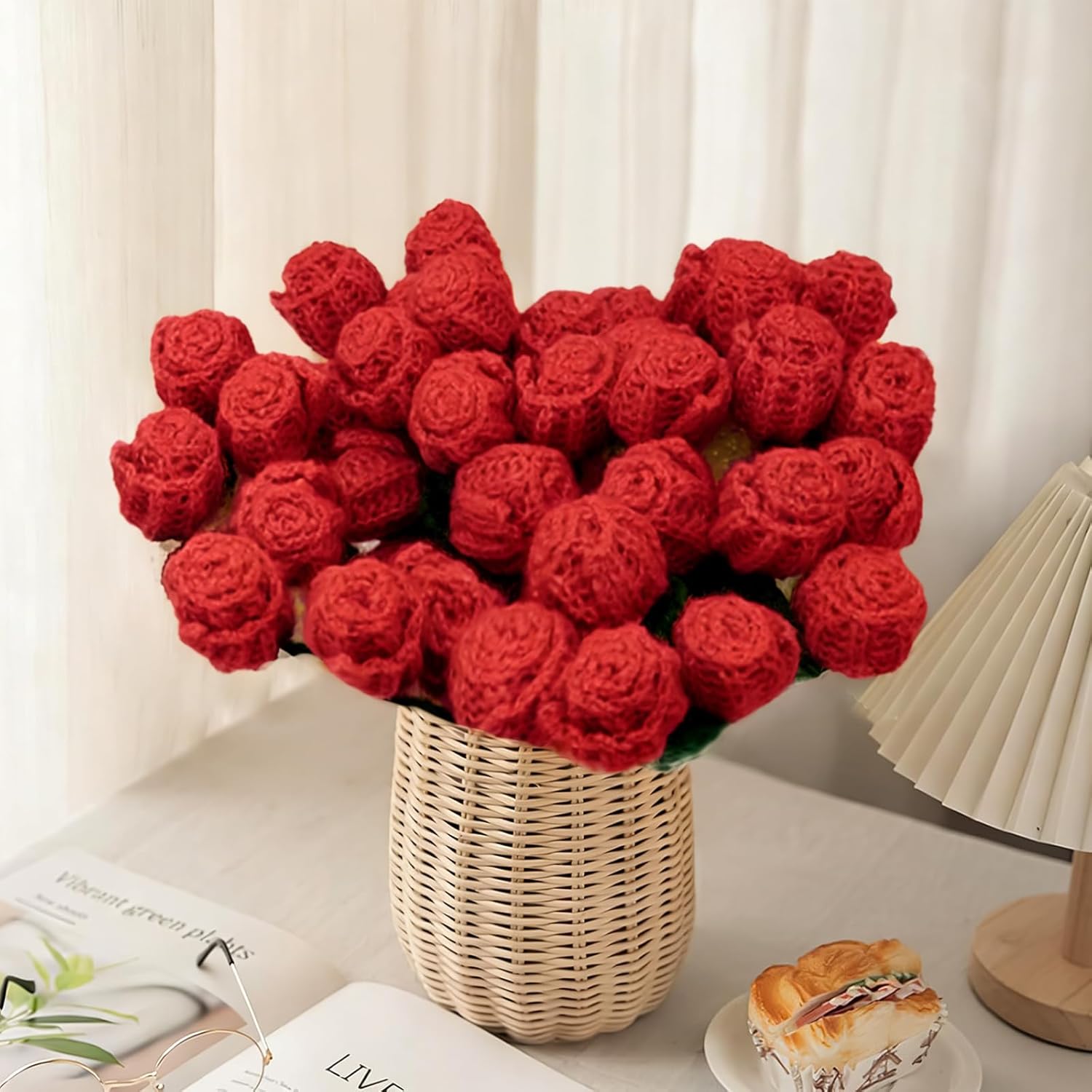 Finished Flower Bouquet Blanket, Crochet Rose Knitted Throw Blanket Crochet Flowers Romantic Gifts for Women Mom Sister Wife Home Decor (Red Rose, 23 inch)