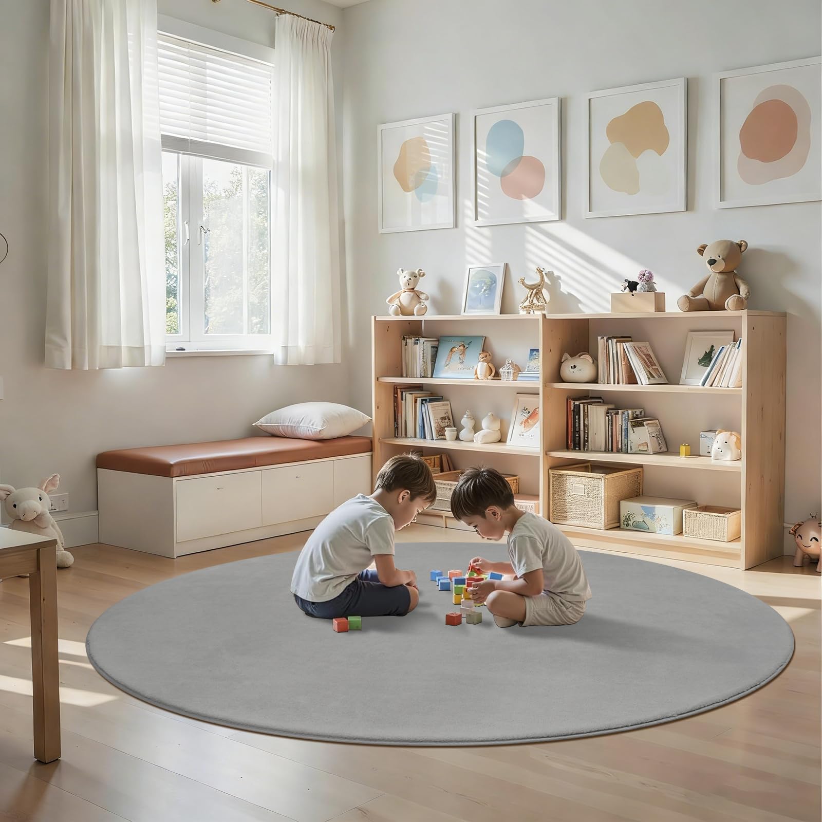 Homcomodar Runder Teppich Wohnzimmer 160cm Hellgrau Wohnzimmerteppich Teppich Flauschig Anti-Rutsch Teppiche Schlafzimmer Kurzflor für Schlafzimmer,Wohnzimmer,Kinderzimmer,Esszimmer,Küchenteppich