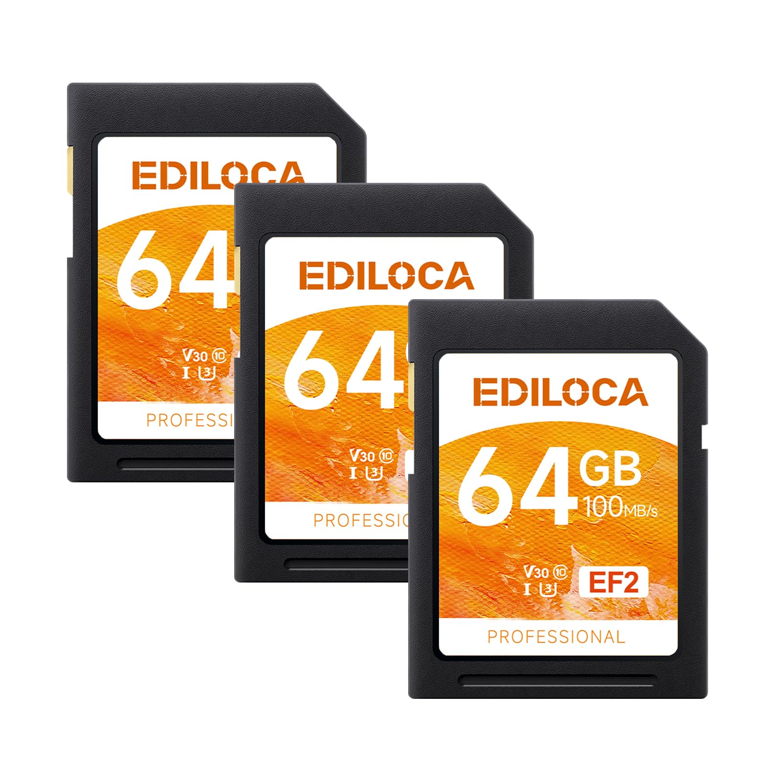 UHS-I 64GB SD Card 3 Pack UHS-I Memory Card Fast Storage, Read/Write Speed 90/20MB/s, C10, U1, V10, Full-HD &amp; 4K Video, SD Card 64GB, Must-Have for Professional Photographers EF2-3PCS