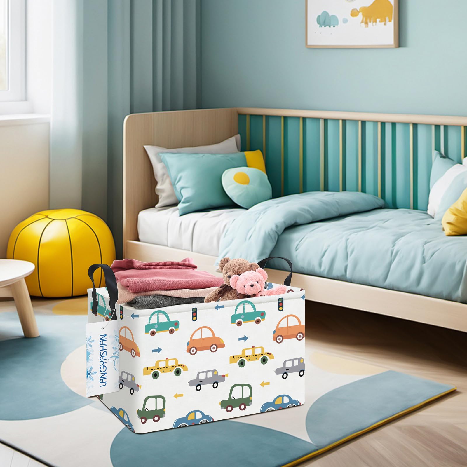 Cesta de almacenamiento rectangular de lona plegable de tela de dibujos animados con asas para organizar el hogar, cocina, niños y niñas, juguetes de oficina, armario, estantes (autos de 5