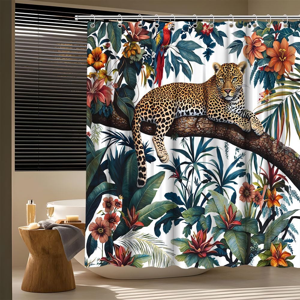 Tropical Jungle Leopard Shower Curtain Rainforest Parrot Exotic Floral Leaves Design with Big Cat Rustic Wildflower Wild Animals Bath Curtain Fabric Bathroom Accessories Decor with Hooks 70W x90L