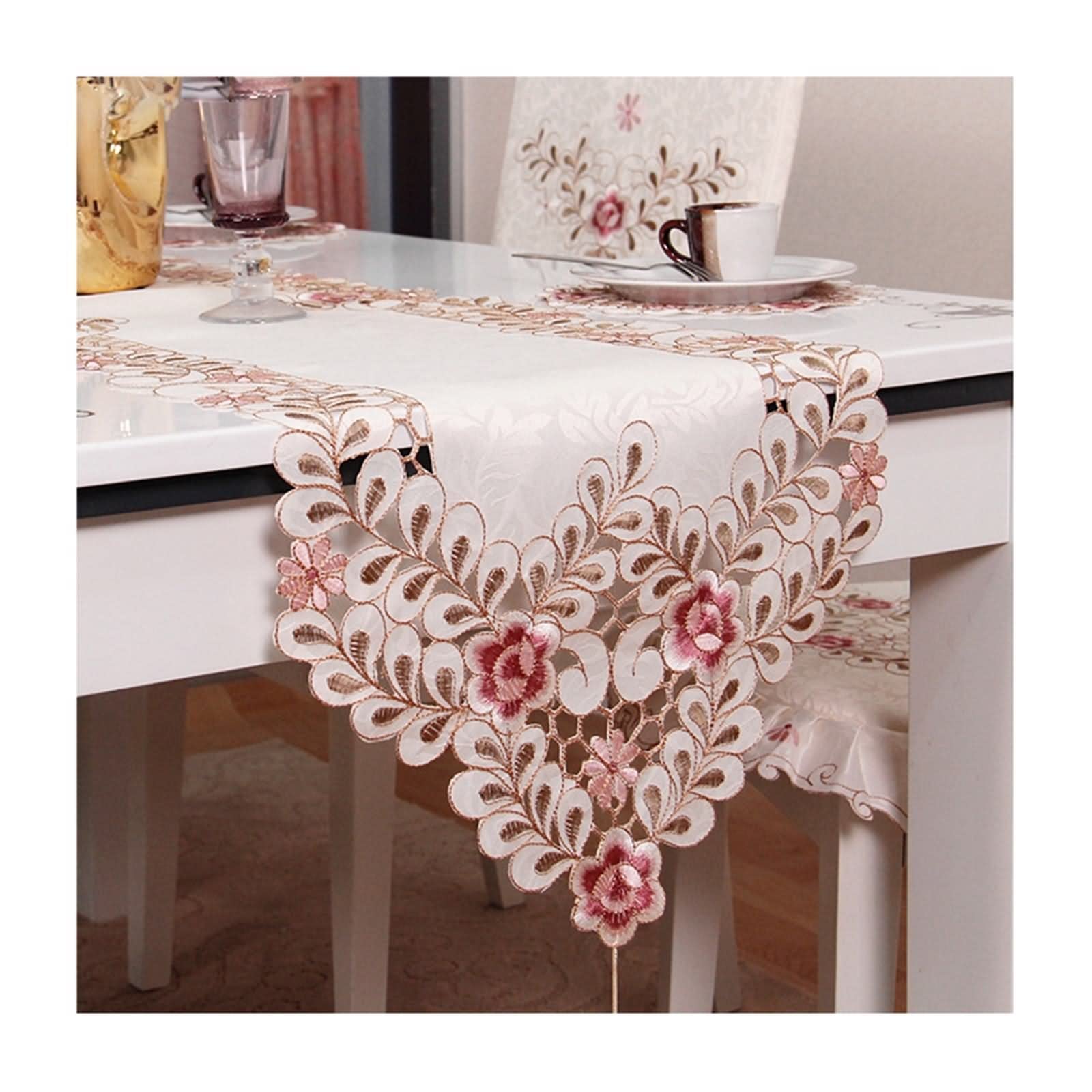 Mantel Camino de Mesa, Centros Decorativos de Mesa Flor de Bordado Hueca Rosado Poliéster 40x150CM