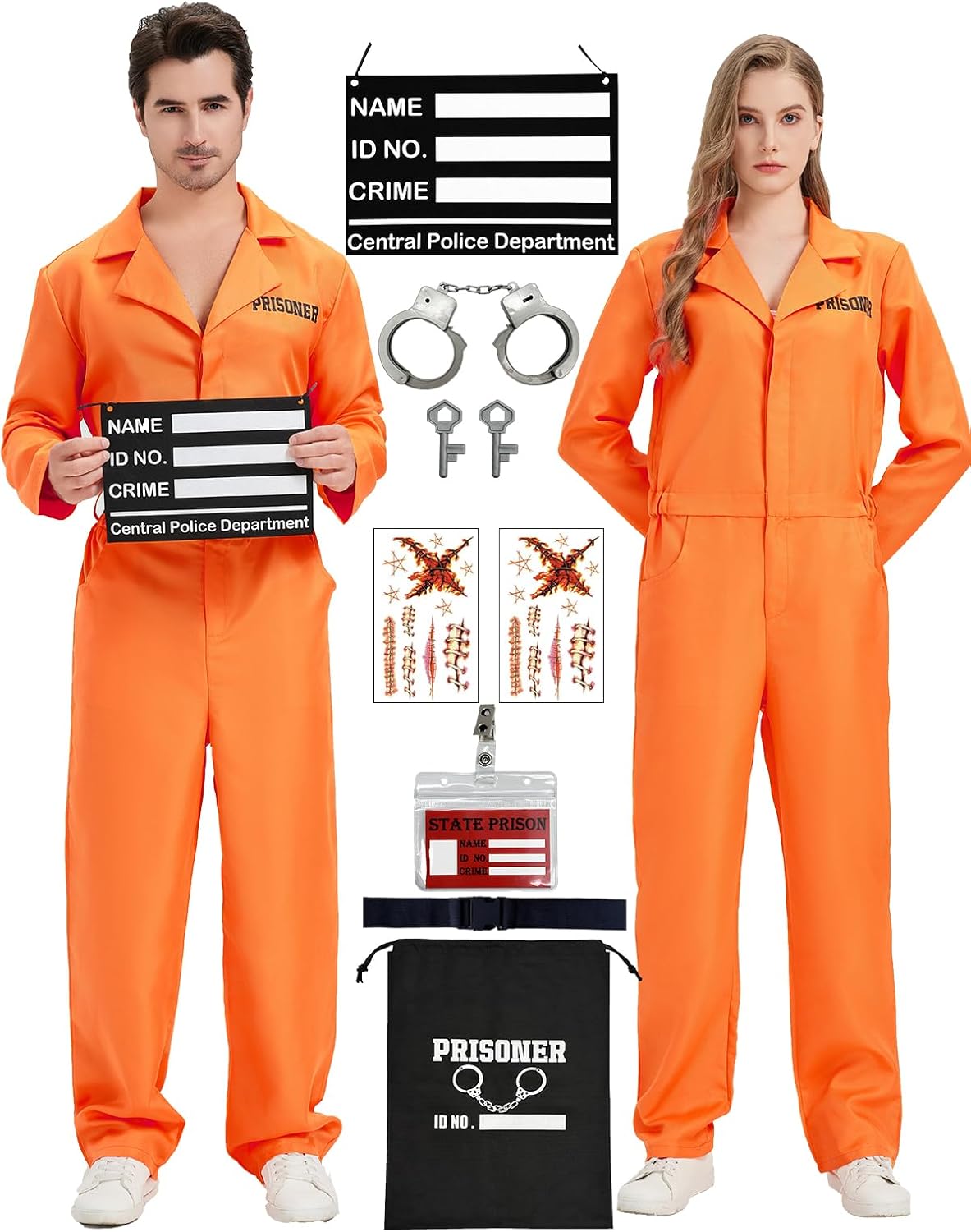 Prisoner Jumpsuit Orange Prison Inmate Costume Jail Criminal Cosplay Outfit for Men Halloween