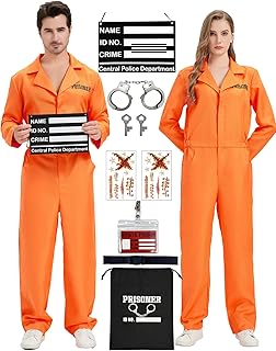 Prisoner Jumpsuit Orange Prison Inmate Costume Jail Criminal Cosplay Outfit for Men Halloween