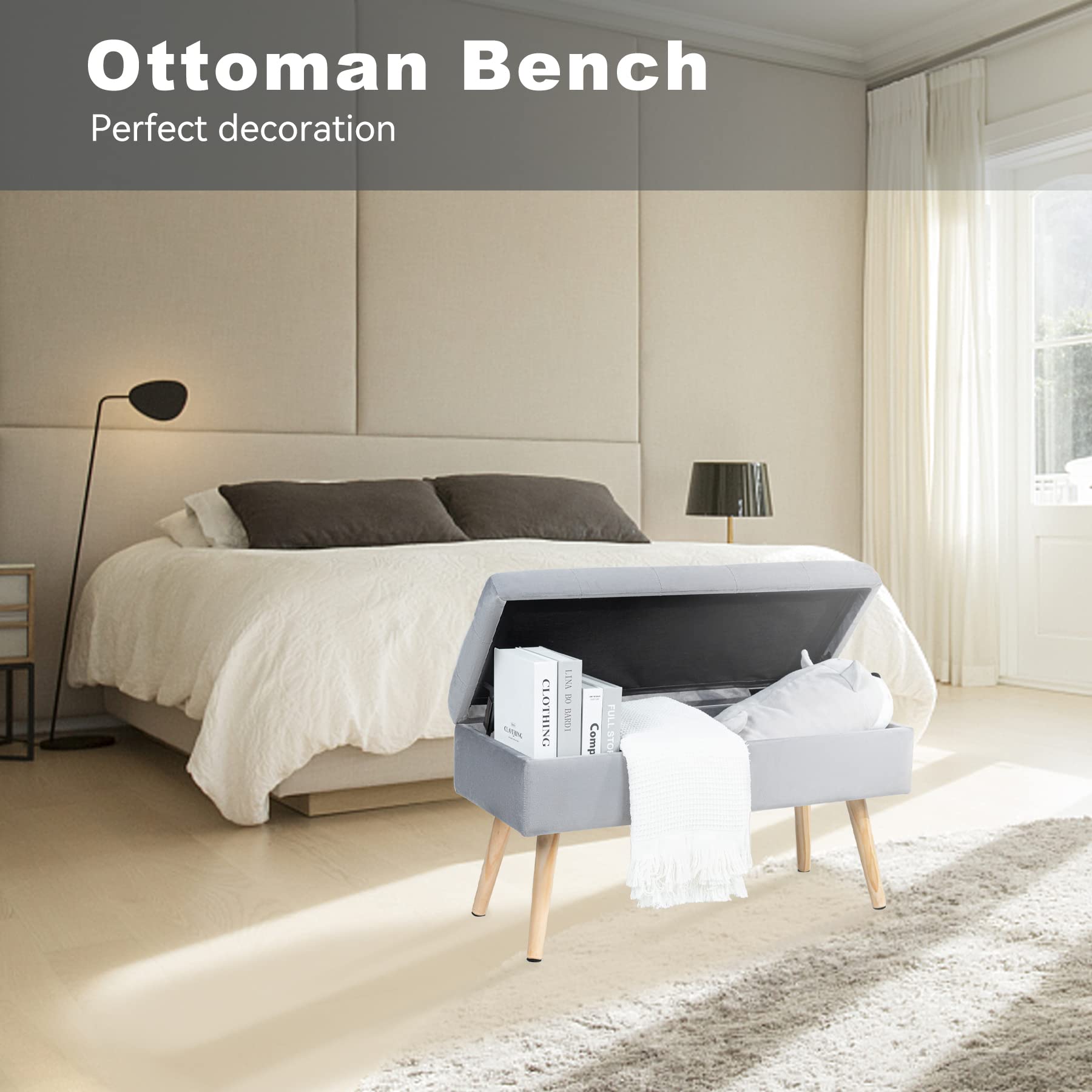 Hawthyhome Banc avec Espace de Rangement 80 × 35 × 43 cm, Coffre de Rangement en Velours avec Pieds en Bois, pour Couloir, Salon, Chambre à Coucher, Gris