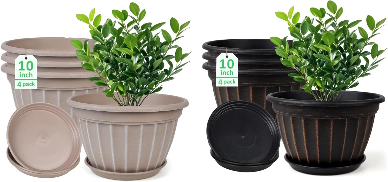 FGstyle 4 Pack 10 inch Beige and 4 Pack10 inch Black Flower Pots with Drainage Holes and Saucer for Outdoor Indoor Plants.