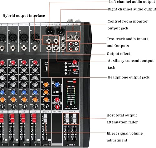 Miniatura 6 de MECCTP Consola de tablero de sonido mezclador de 8 canales, mezclador de amplificador de estudio en vivo con unidad USB para estudio de grabación en