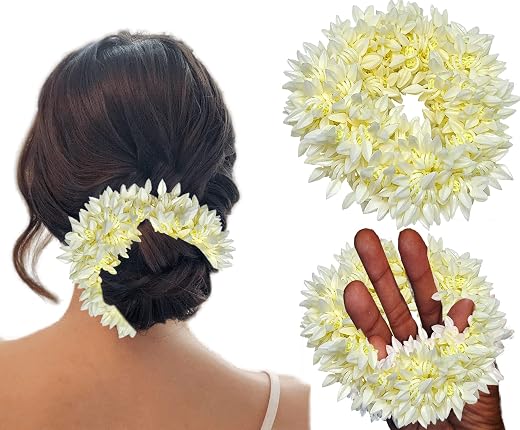 Temperia (2 Pcs) Scented Mogra Gajra Hair Accessories For Women &amp; Girls - Hair Flower Bun Artificial Fake Gajra Scrunchies...