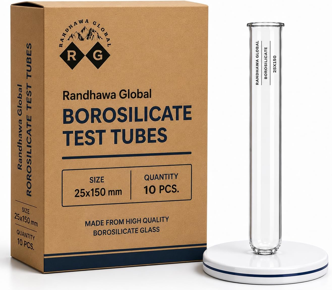 RG® Borosilicate Test Tube with Rim | 25 x 150 mm | 55 ml Boiling Tube | Heavy Duty Heat Resistant Laboratory Glassware | Ideal for School, College & Research Labs (Pack of 10)