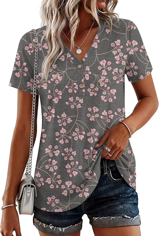 BISHUIGE Mujer Henley Túnica Tops Botón Camisetas Manga Corta Vneck Blusas Casuales