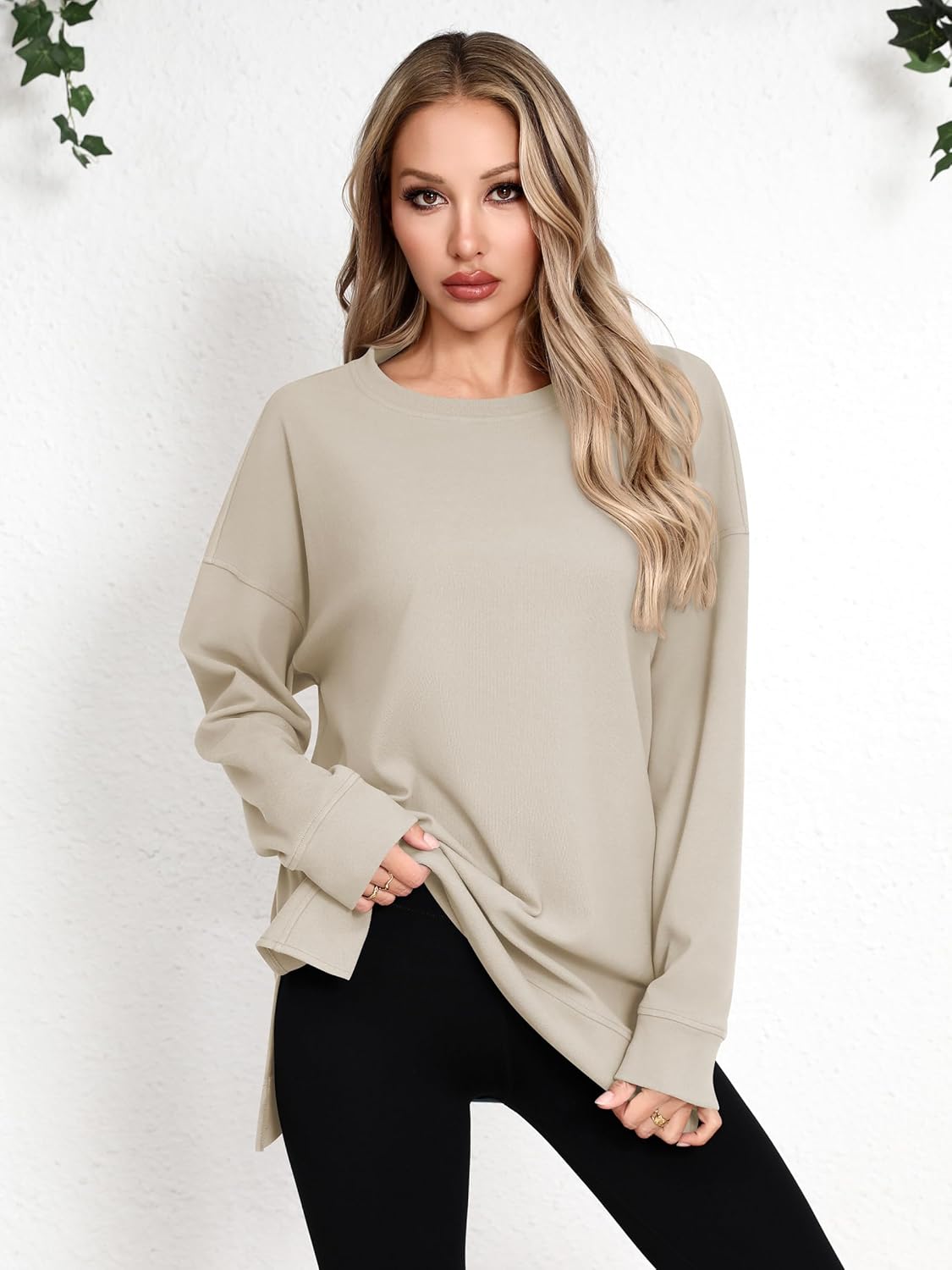 Laughido Women's Long Sleeve Crew Neck Slit Oversized Sweatshirts Pullover Loose Casual Tunic Tops 2025 Fall Clothes - Image 5
