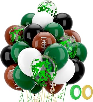 Football Balloons, 60pcs 12 Inch Football Birthday Party Balloons, Dark Green Brown Black Latex Balloons and Geen Confetti Balloons for Football Touch Down Sports Theme Party Decoration
