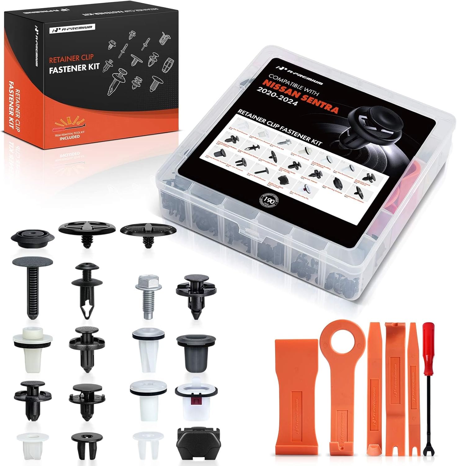 A-Premium 190 PCS 19 Sizes Car Retainer Clips Kit Compatible with Nissan Sentra 2020-2024, Front Bumper Fender Hood Door Trim Cowl Auto Push Pin Plastic Rivet Fastener Replacement Set, w/Removal Tool