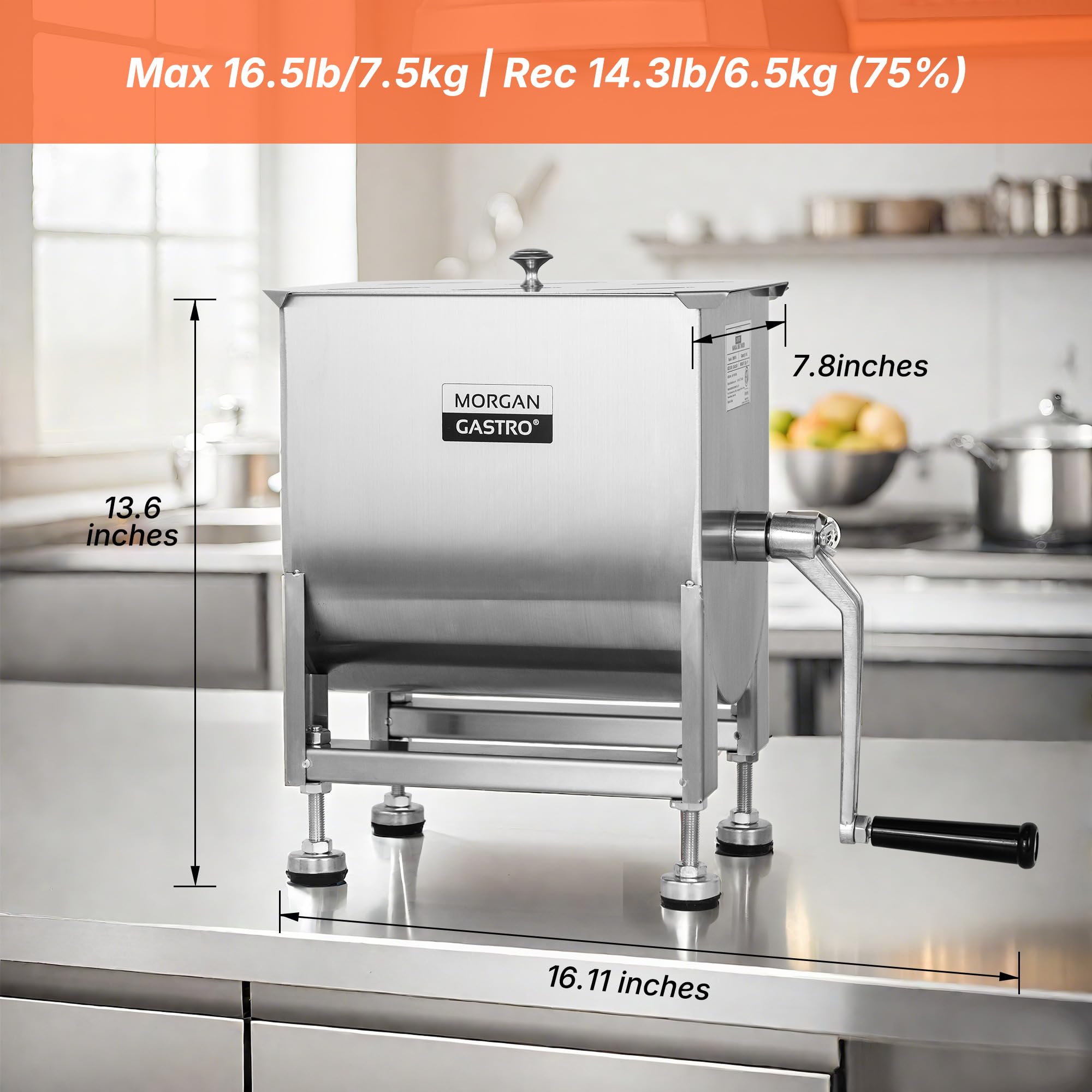 Manueller Fleischmixer, 8,2 kg Fassungsvermögen, 10 l Tank, Edelstahl, kommerzielle Wurstmischmaschine mit Deckel, Rinderhackfleisch-Handmixer