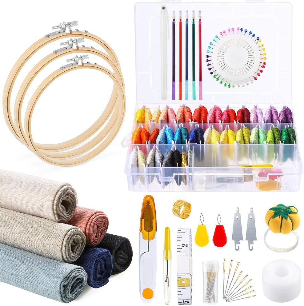 Caydo 145 Pieces Embroidery Kit, 50 Color Threads with Organizer Box, 6 Pieces Linen Needlework Fabric, Embroidery Hoops and Cross Stitch Tools for Adults and Kids Beginners