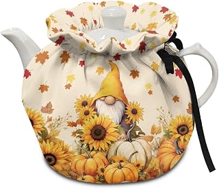 Sunflower Gnome Print Tea Kettle Quilt Teapot Dust Cover with Adjustable Drawstring Insulated Kettle Tea Warmer Fits Most Breakfast Pots Machine Washable, Thanksgiving Day