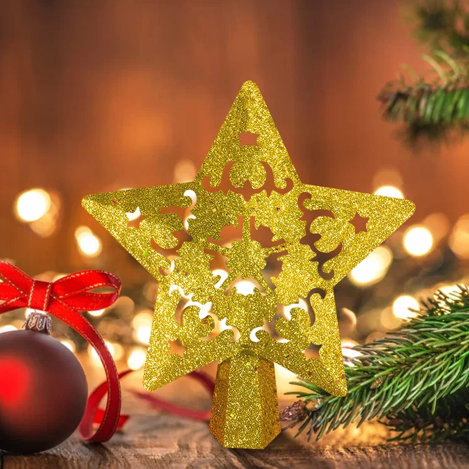 Árbol de Navidad Topper Estrella iluminada árbol T Adornos for árboles de Navidad Golden Star con proyector LED Giratorio de Copo de Nieve