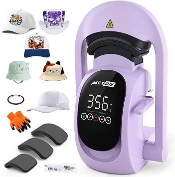 AKEYDIY 3-in-1 Auto Hat Heat Press Machine for Caps, with 3pcs Interchangeable Platens, Automatic Open & Release, Touchscreen for Precise Time & Temp Control, Heat Transfer Printing for Caps, Purple