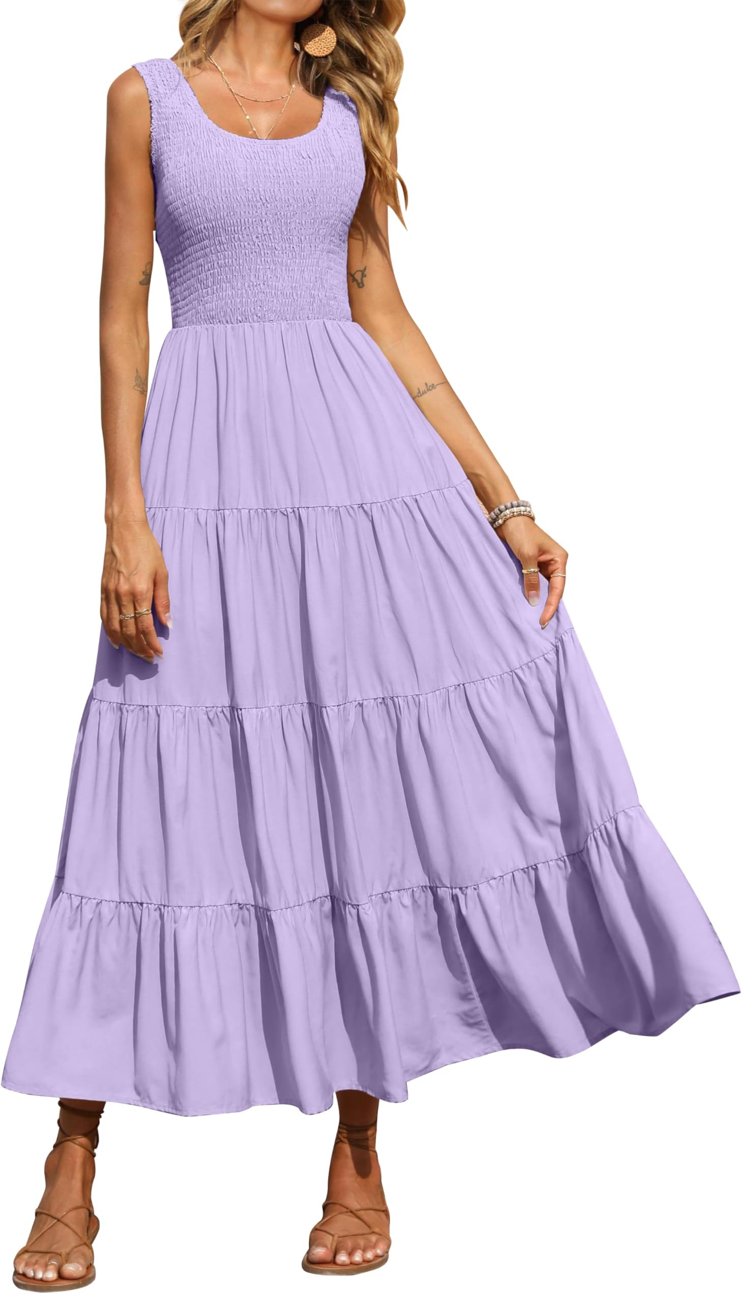 Women's Smocked Tank Casual Plain Maxi Sundress with Pockets