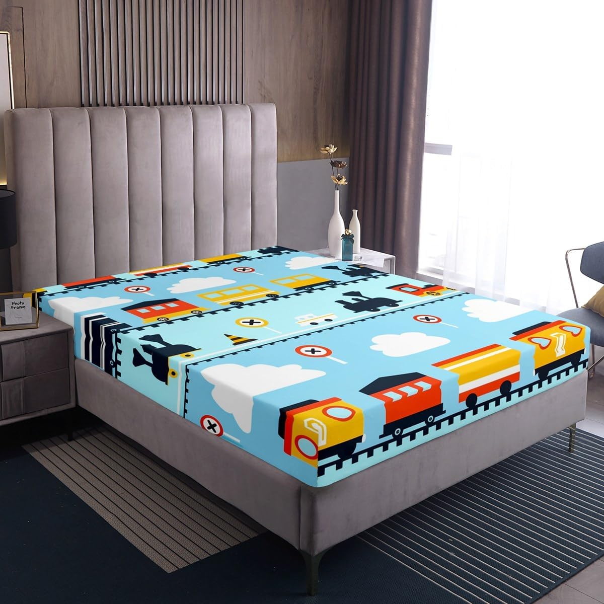 Construction Traffic Bed Sheets Full,Cartoon Train Fitted Sheet Kids Boys Girls Travel Railroad Tracks Sheets,Steam Engine Vehicles Bed Set Light Blue