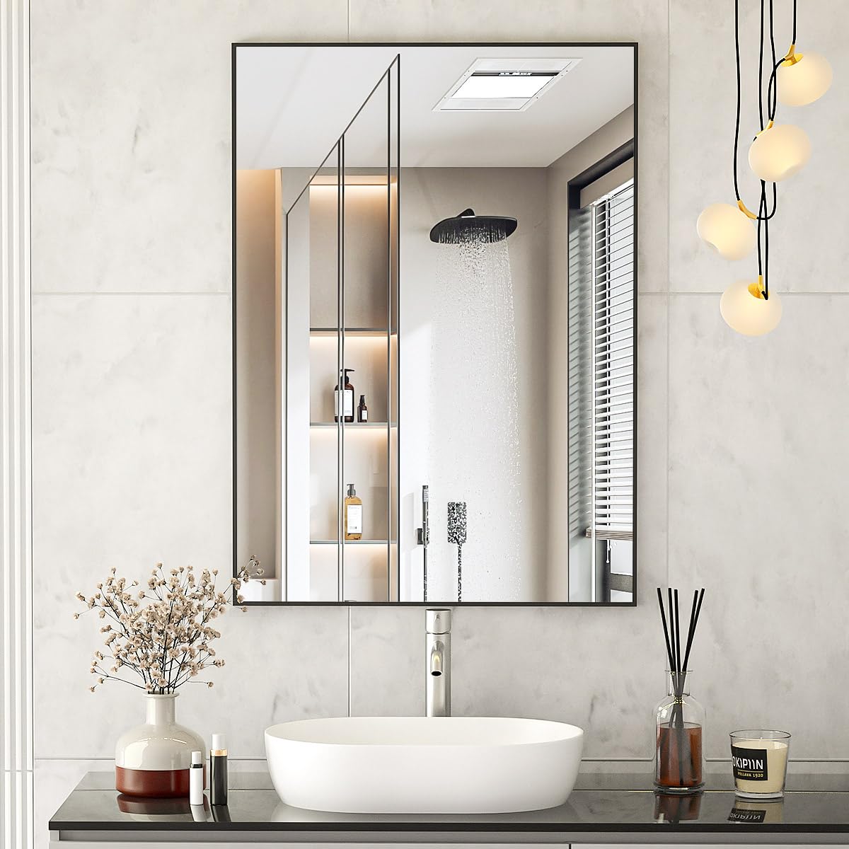 Koonmi 20"x30" Wall Bathroom Mirror, Black Rectangular WallMounted Mirror for Bathroom with