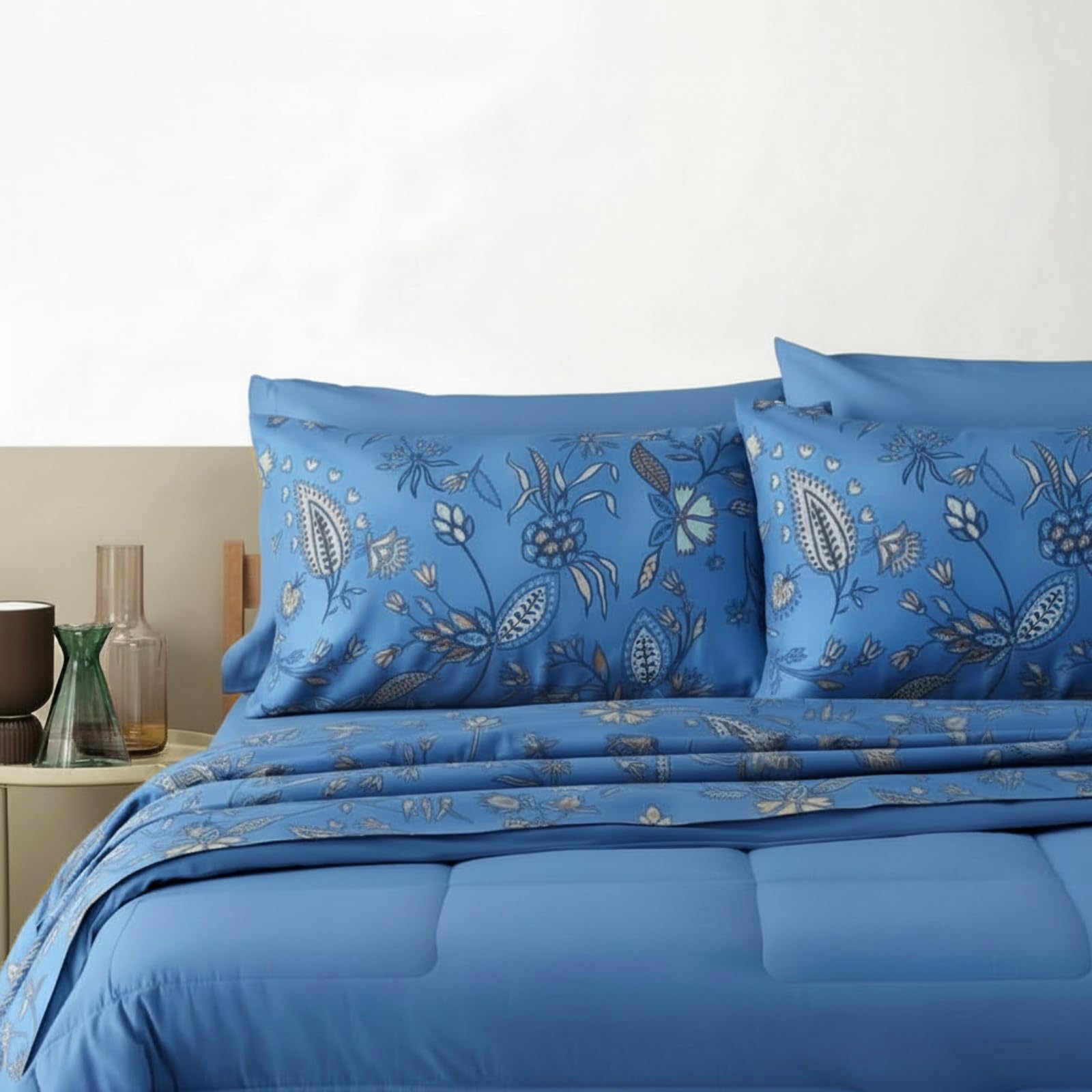 Bassetti AGRIGENTO Biancheria Da Letto In Raso Di Cotone 100%, Blu, Copripiumino 240x220 Cm, Due Federe 80x80 Cm