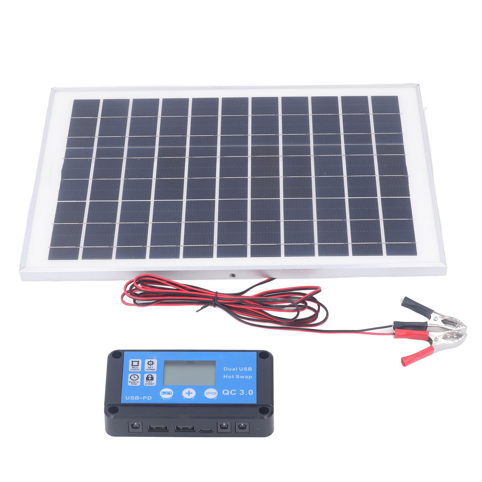 Kit Pannello Solare 50W 18V con Regolatore di Carica Impermeabile MPPT Morsetto Batteria da 3 Metri per Roulotte per Rimorchio per Barca da Esterno