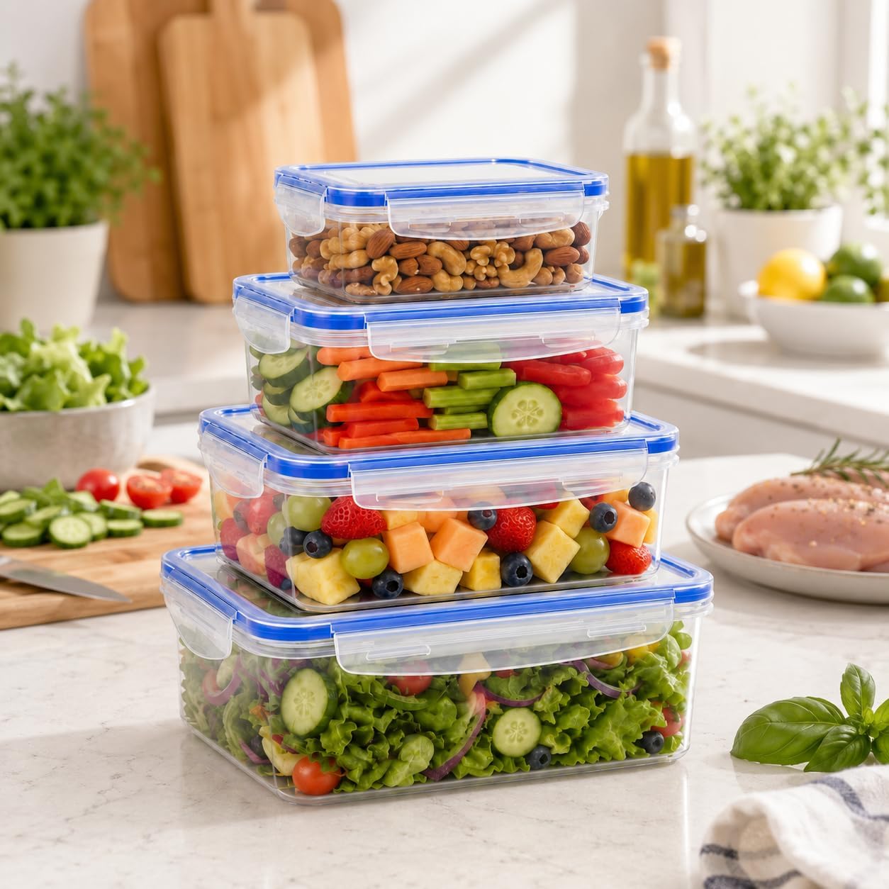 4 Pcs Large Food Storage Container Set, Airtight BPA Free Leakproof Meal Prep Containers With Lids, Reusable Freezer Safe Kitchen Organizer Boxes for Keep Fresh, 5500ml