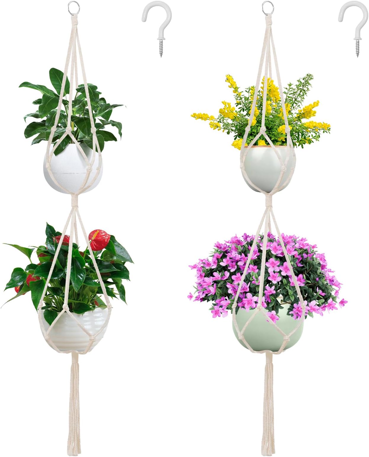Mkouo Macrame Plant Hanger 2 Tier Indoor Outdoor Hanging Basket Cotton ...