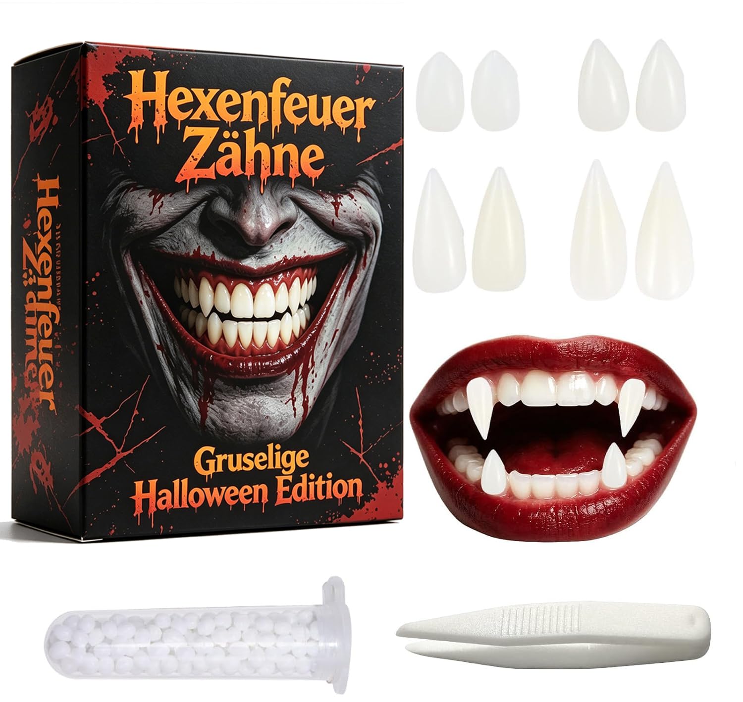 SIMENTY Vampir Zähne Set 4 Paare in 4 Größen 13/15/17/19mm, Wiederverwendbare Fake Fangs mit Zahnhaftpellets Kleber, Halloween Cosplay Accessoire für Vampire Werwolf Dämon Hexe Maskenparty (Weiß)