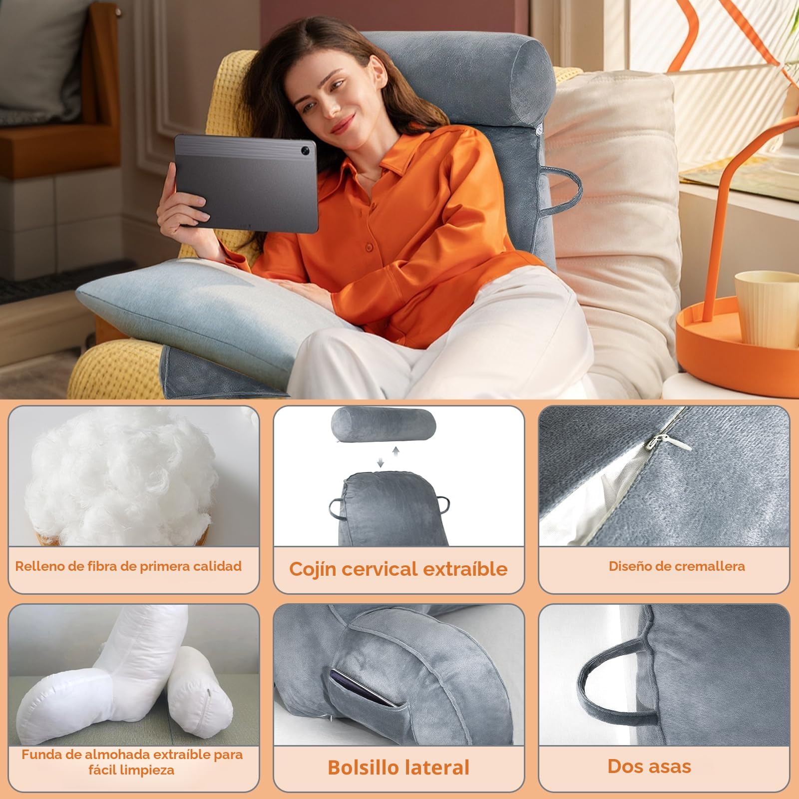 MINGPINHUIUS Cojín de lectura XL para cama y sofá con cojín cervical extraíble, cojín de espalda ideal para adultos con espuma viscoelástica para leer cómodamente, trabajar, jugar, ver la televisión