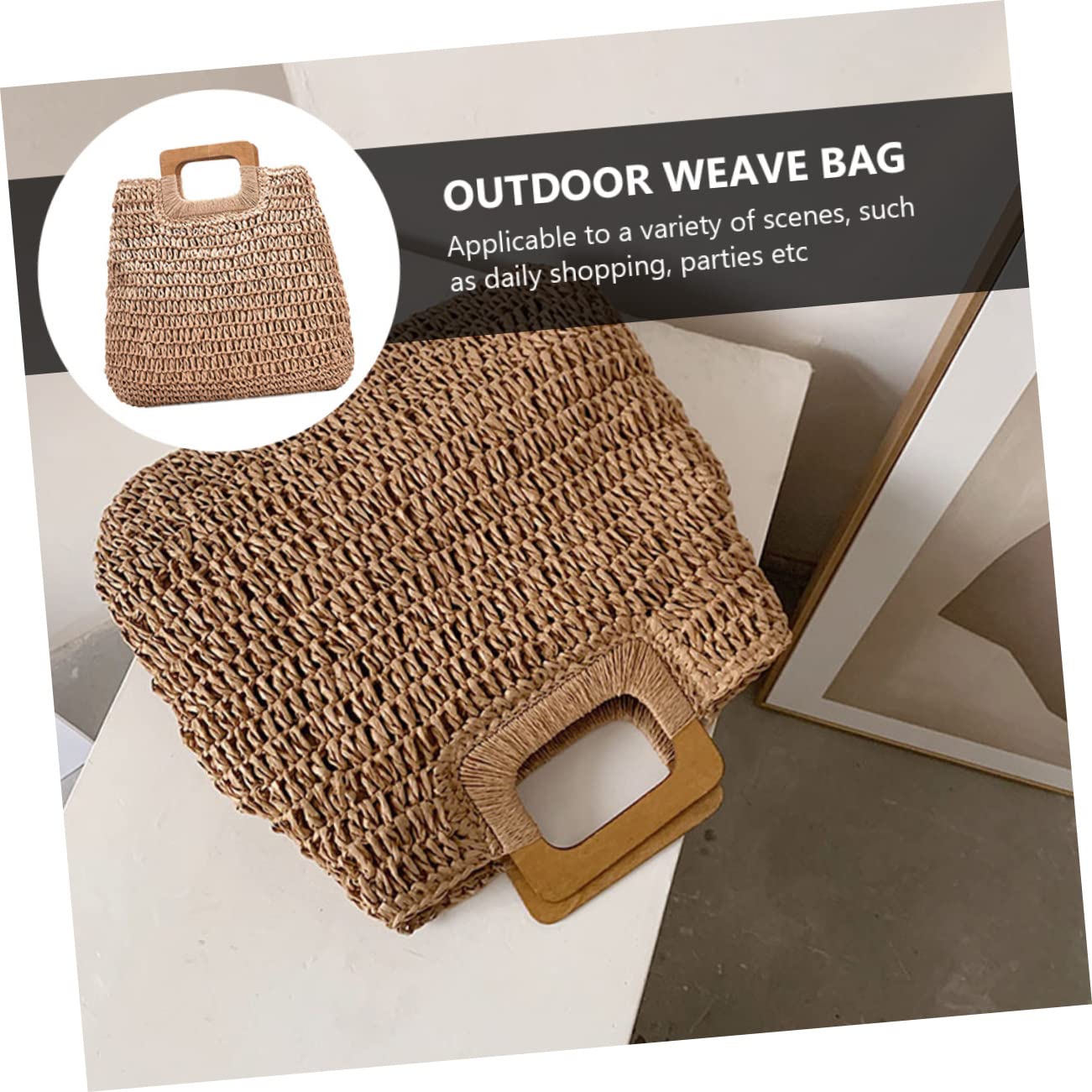 Strandtasche Groß aus Stroh, Handgewebte Tragetasche Khaki