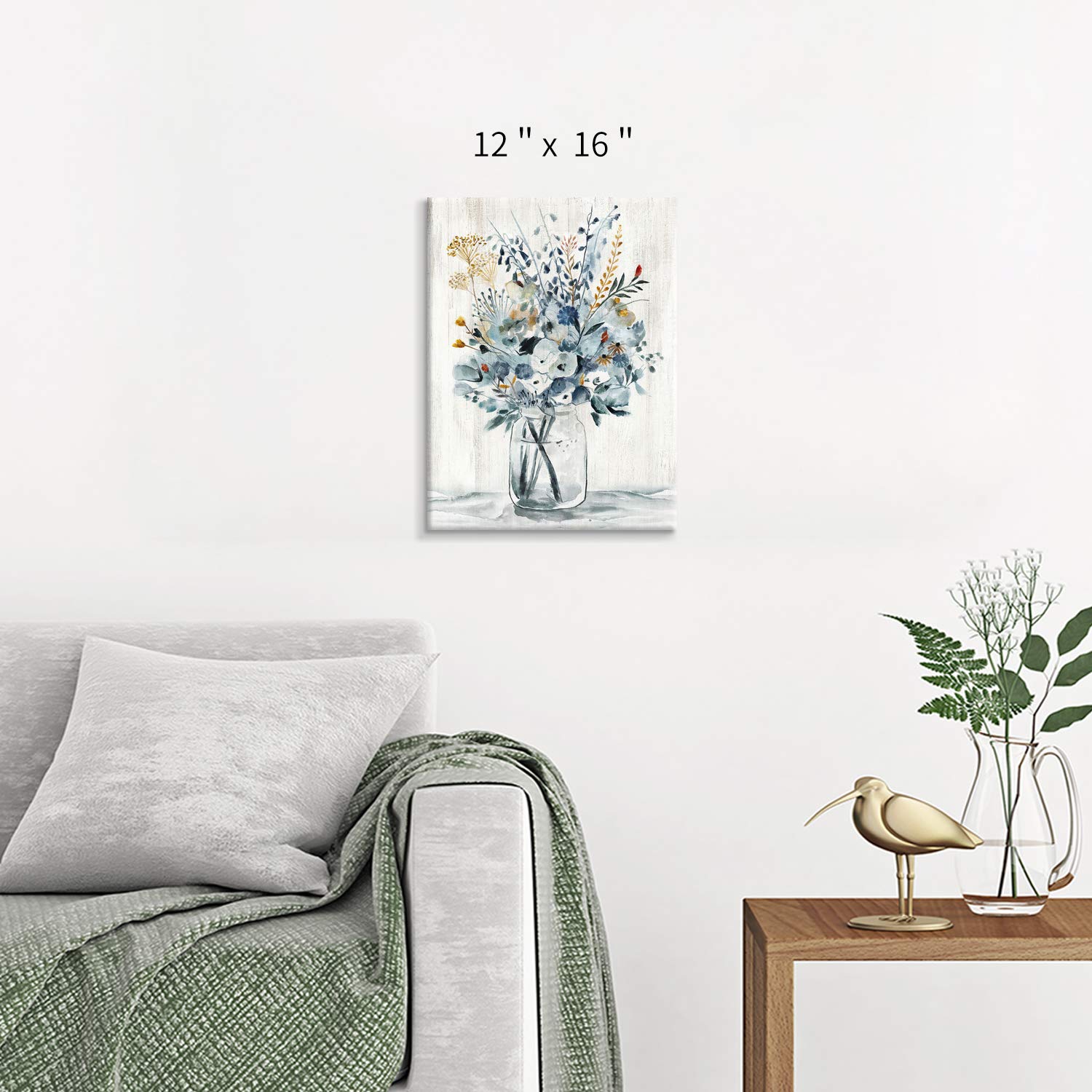 Abstract Flower Print Wall Art: Botanical Flower Bouquet in Crystal Vase Picture Picture on Wrapped Canvas for Dining Room (12